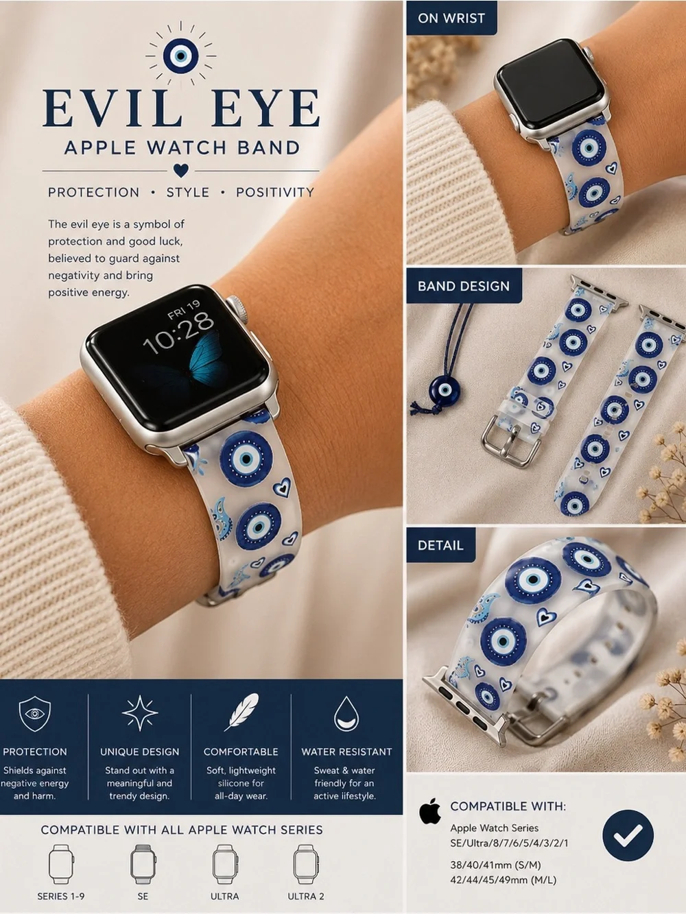 Silicone Apple Watch Band - White & Blue clear band